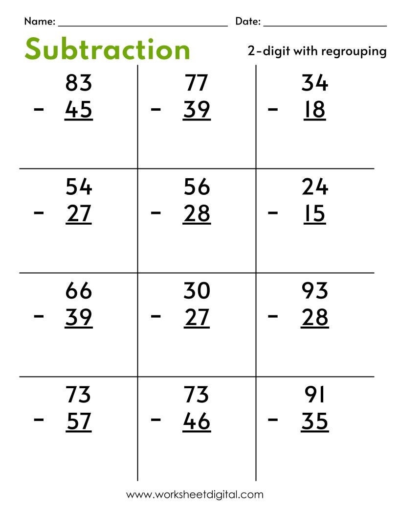 10 Printable Two Digit Subtraction Worksheets with Regrouping  10 Printable Two Digit Subtraction Worksheets with Regrouping