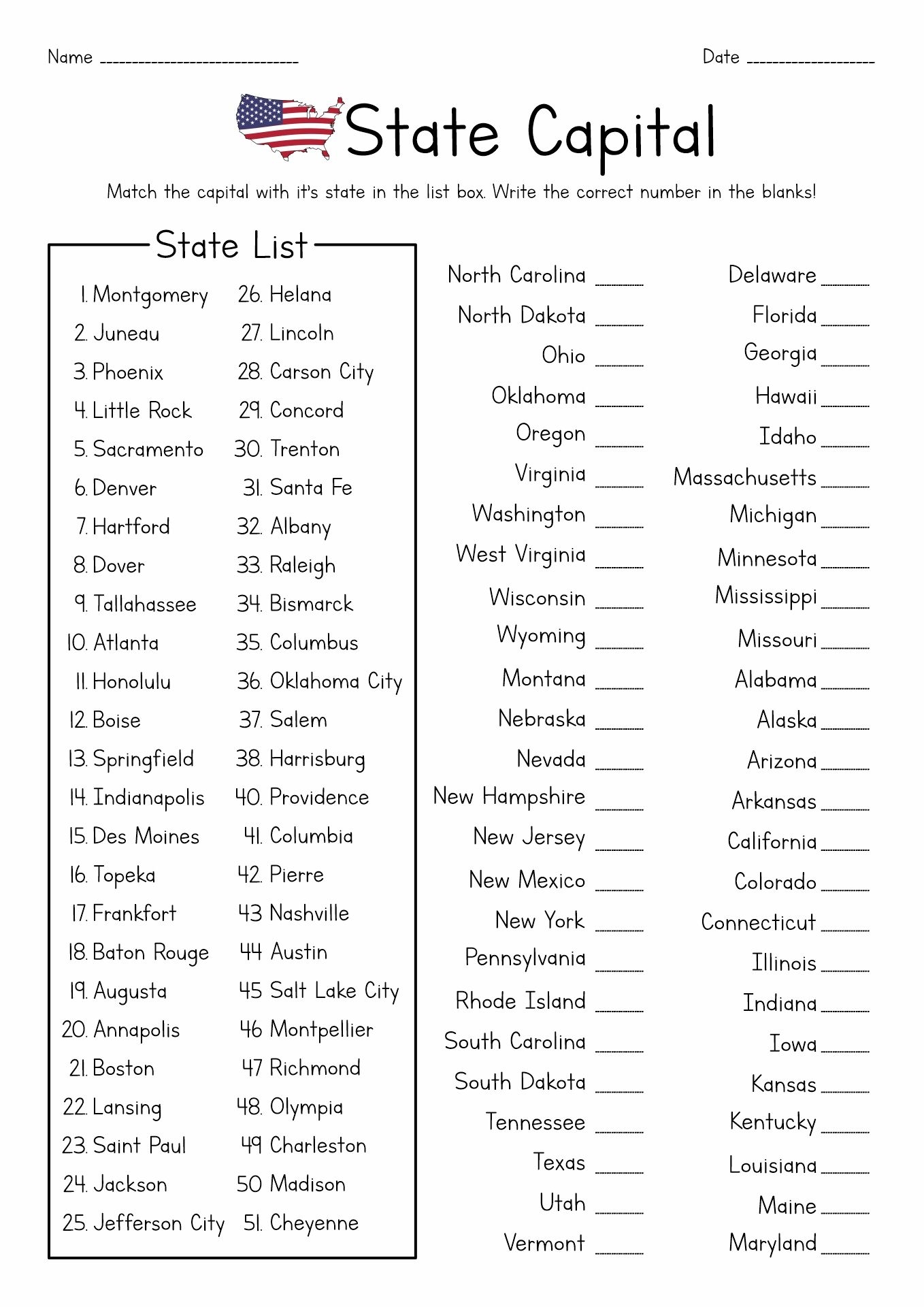 Free Printable States And Capitals Worksheets