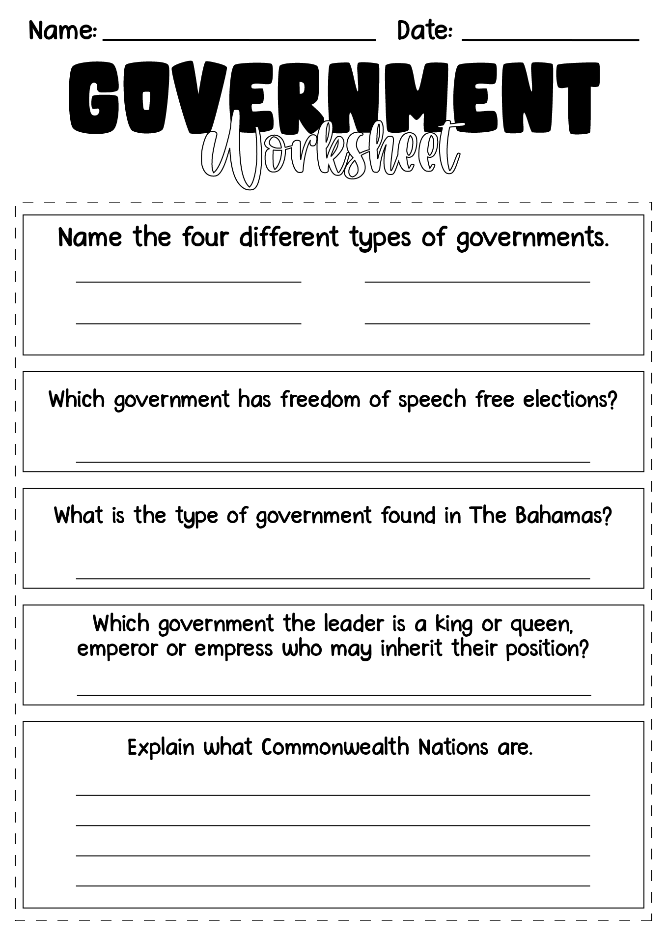 Free Printable Us Government Worksheets