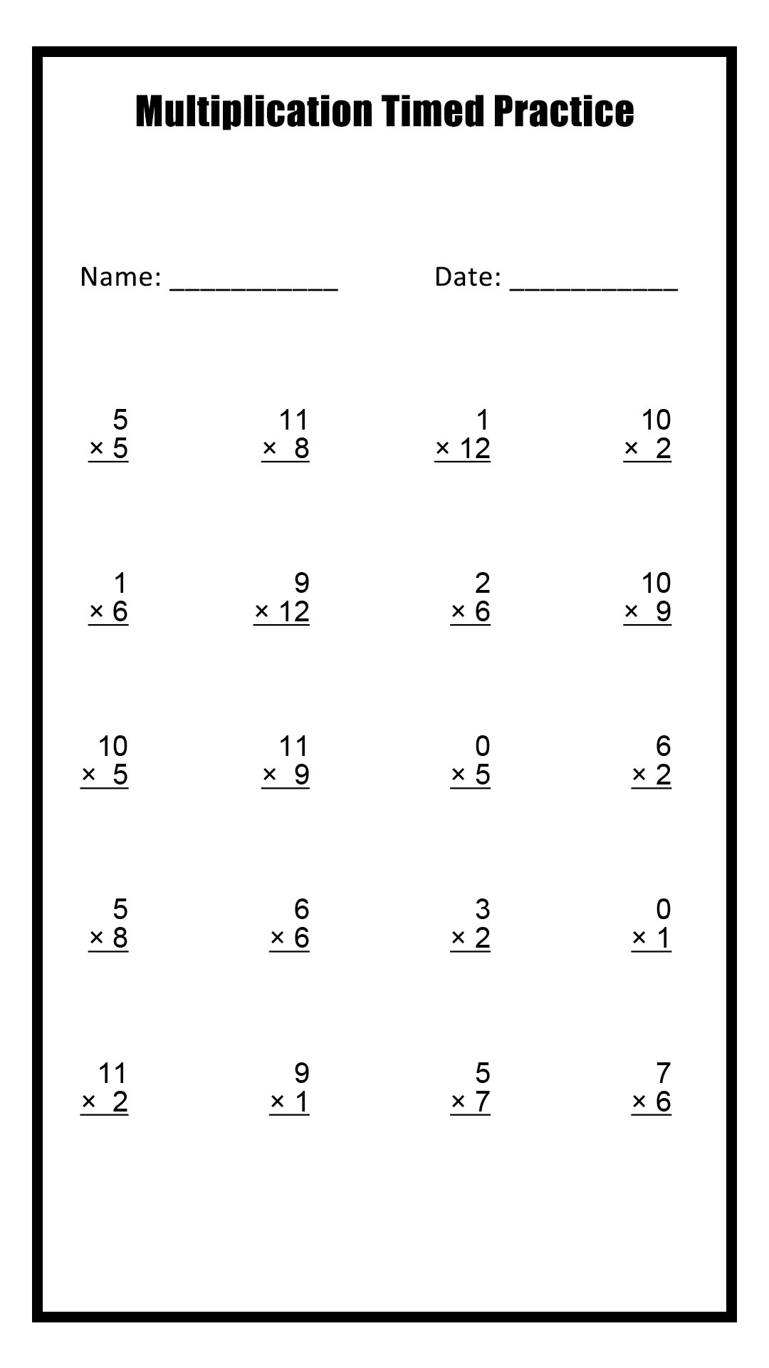 Free Printable Timed Multiplication Worksheets