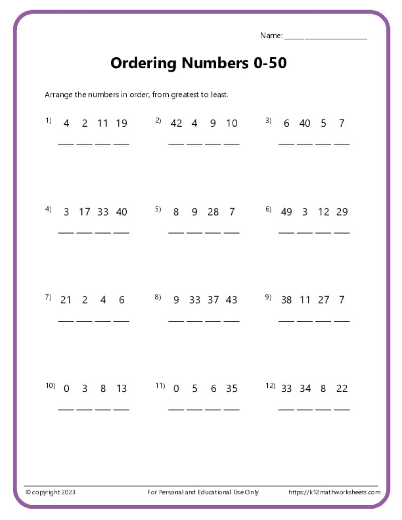 1st Grade Comparing And Ordering Worksheets