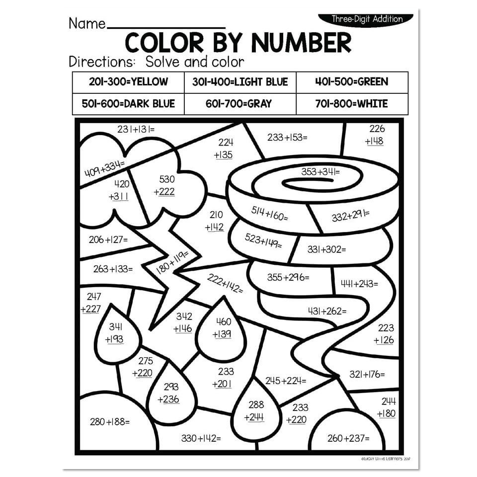 3 Digit Addition Summer Color By Number Tornado Lucky Little 
