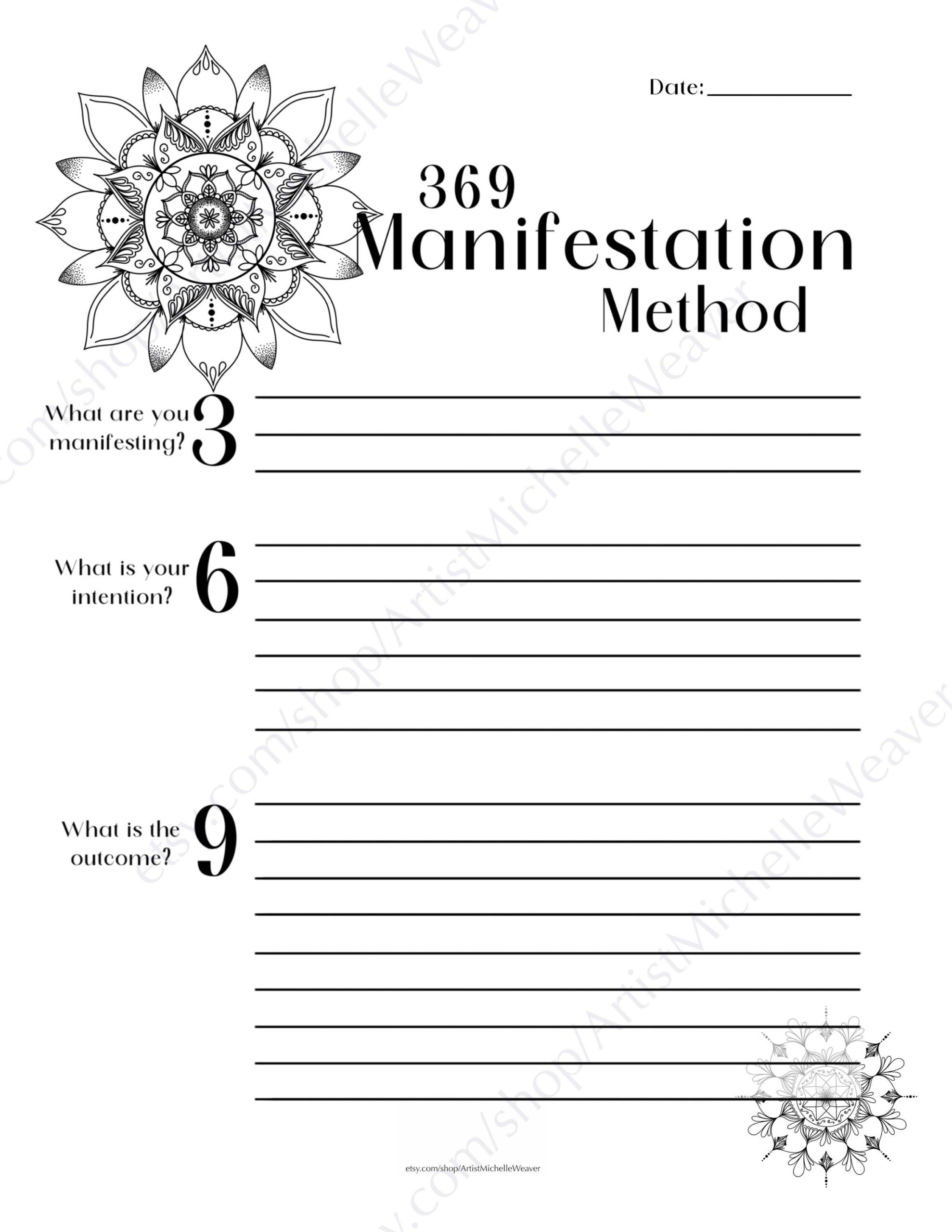 369 Manifestation Method Worksheet Printable Instant Download