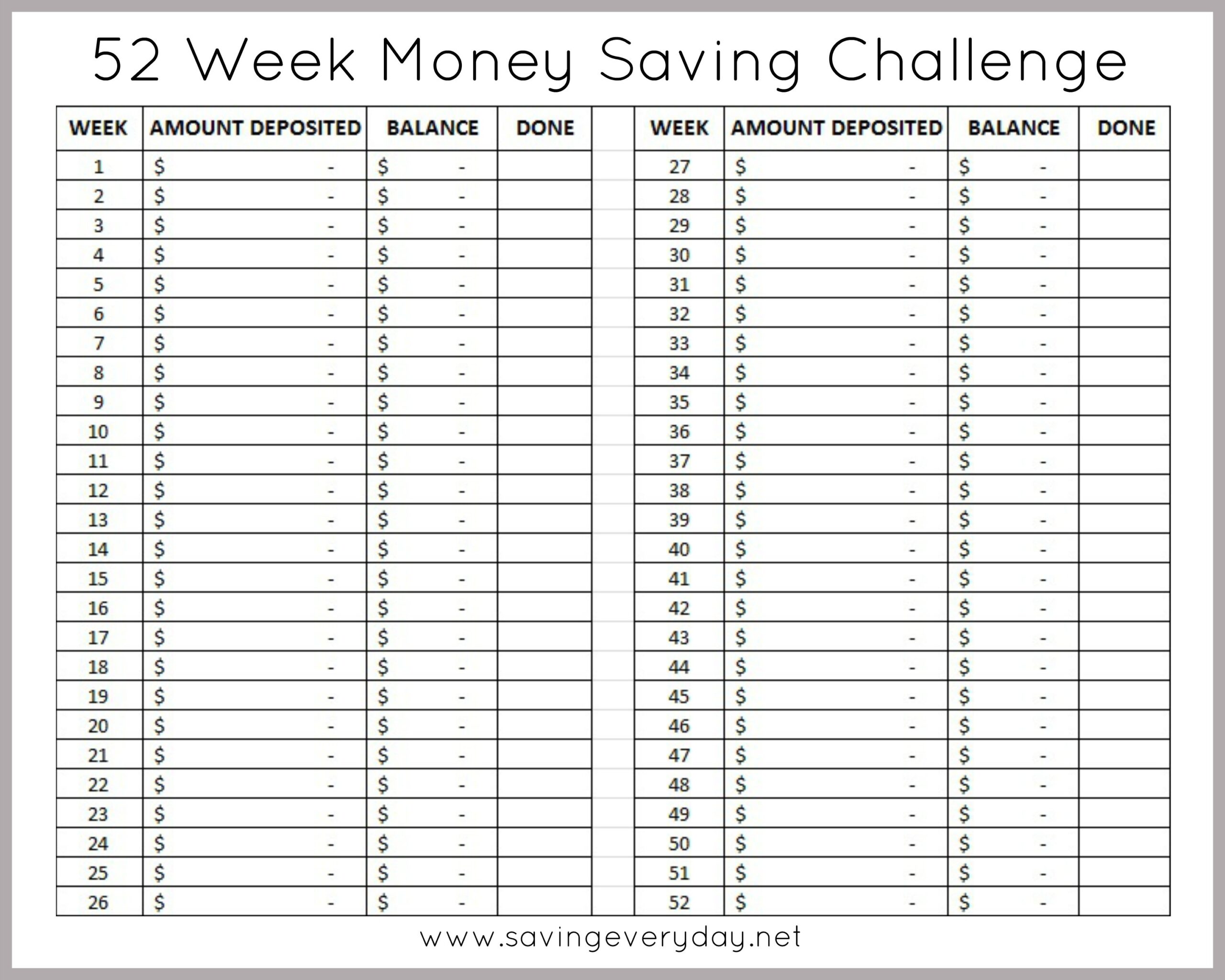 52 Week Money Saving Challenge Printable Sheet Worksheets Library
