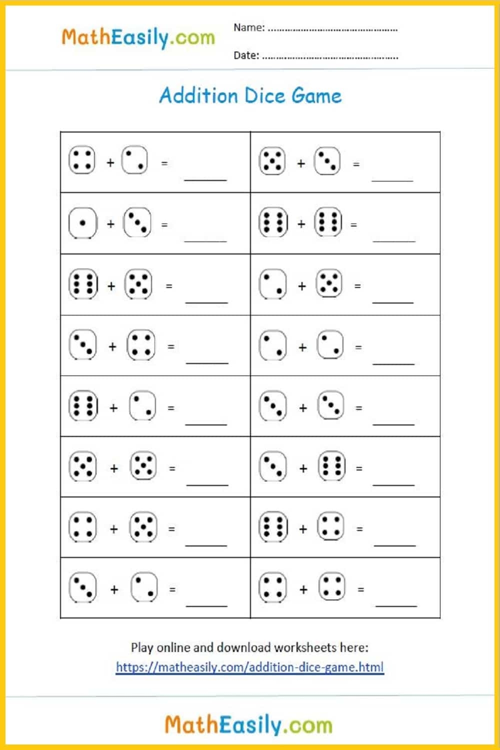 Addition Dice Games PRINTABLE Online Worksheets Library