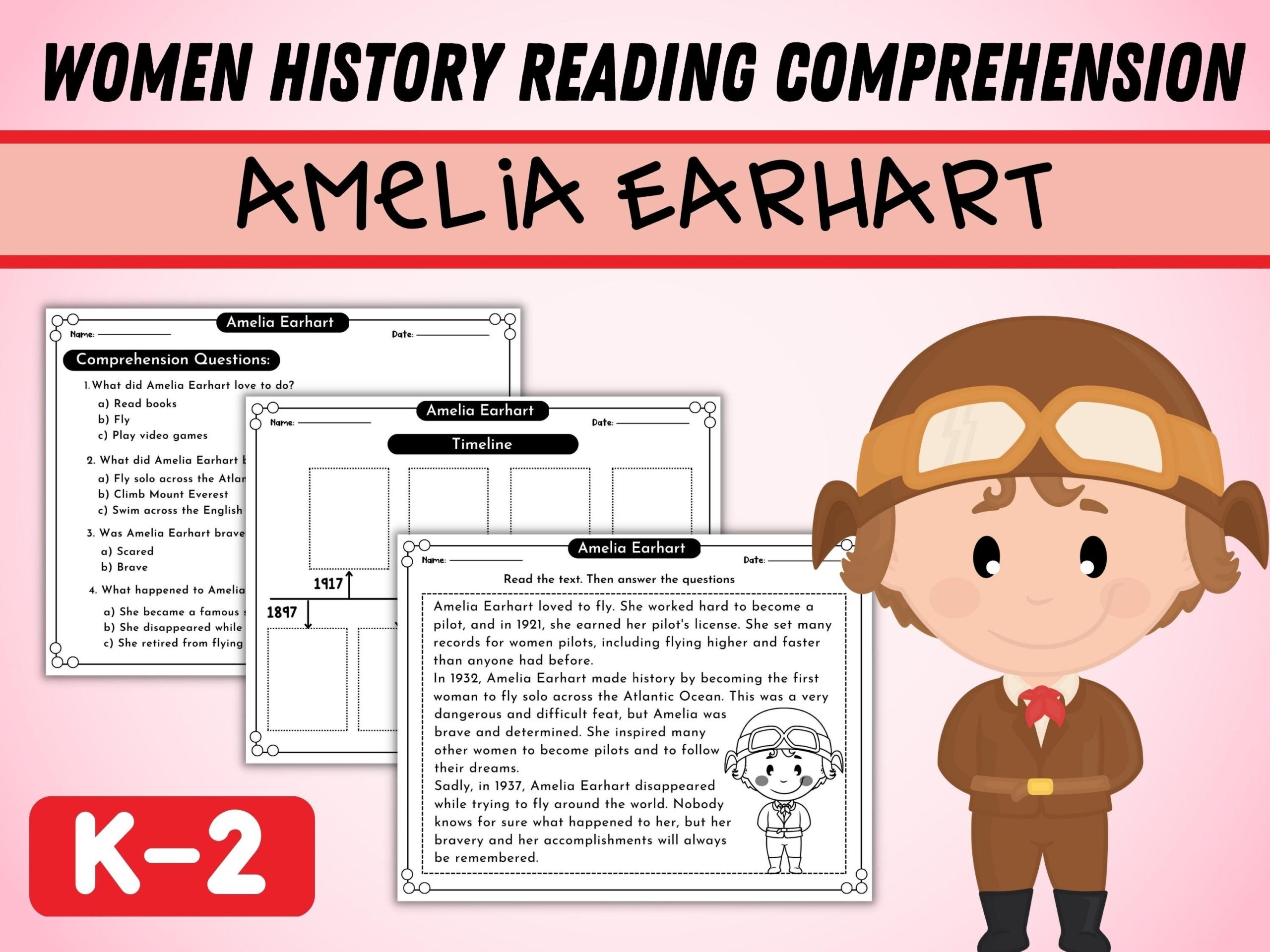 Amelia Earhart Reading Comprehension Passage Women History Month Worksheets March Activities For Grade K 2 Timeline Activity Etsy