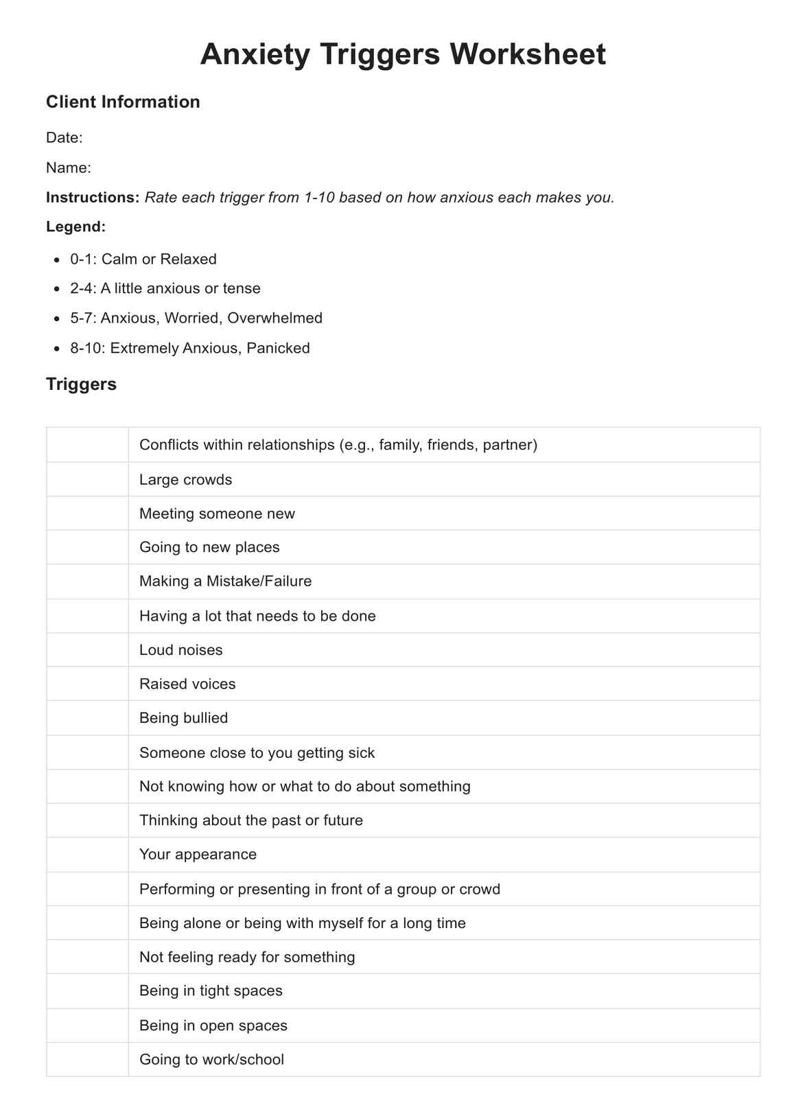 Anxiety Triggers Worksheet U0026 Example Free PDF Download