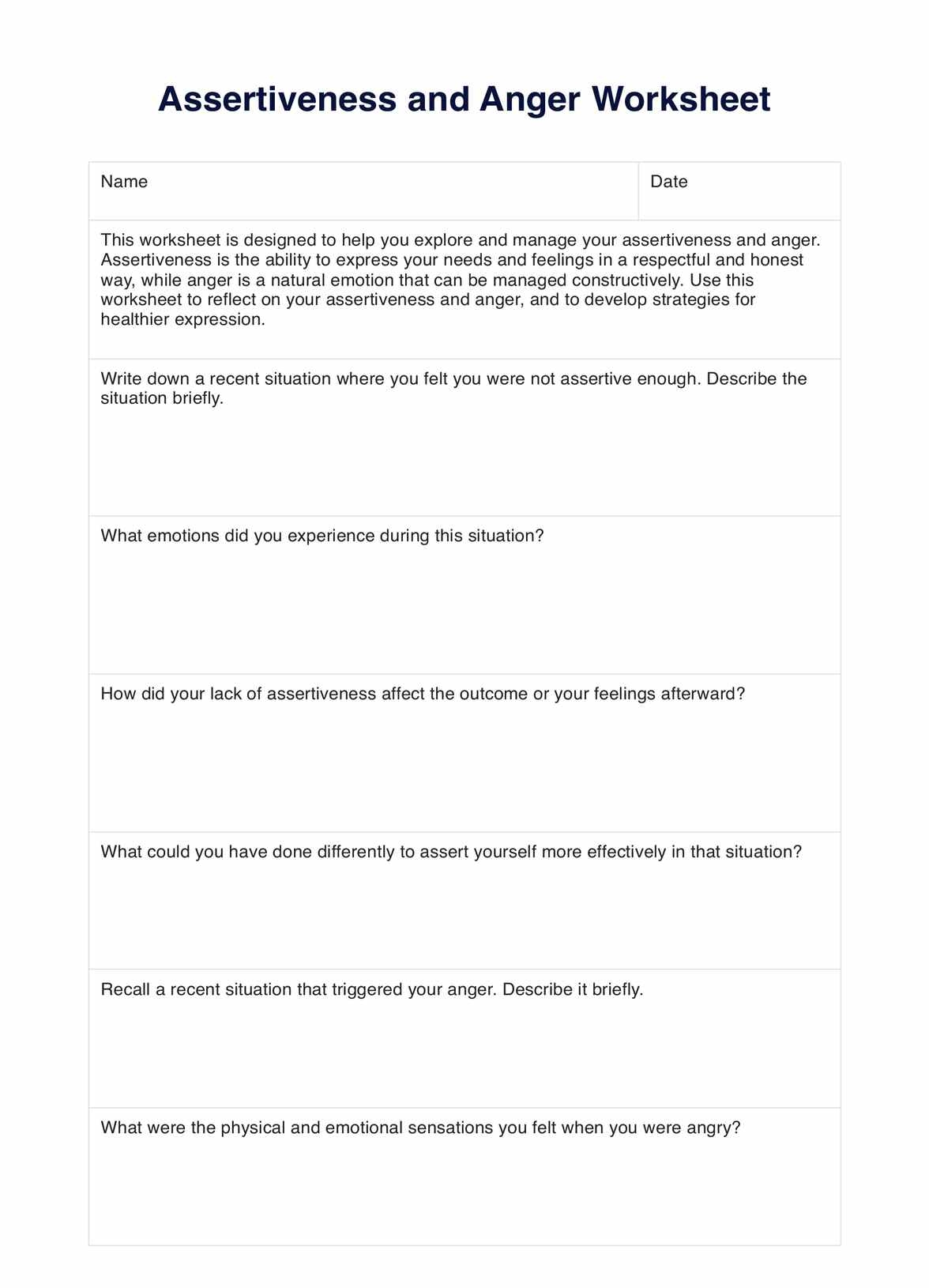 Assertiveness And Anger Worksheet U0026 Example Free PDF Download