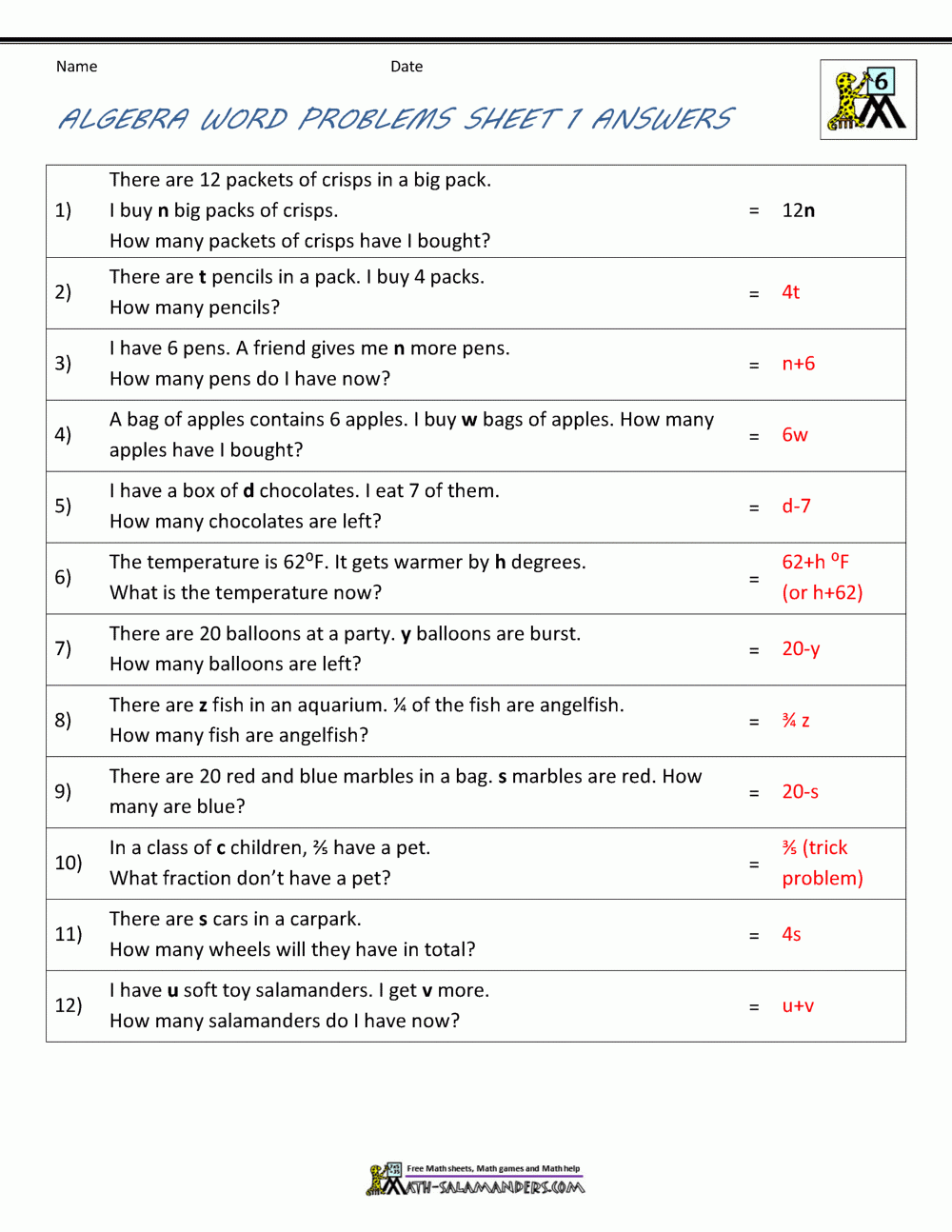 Free Printable Algebra Worksheets