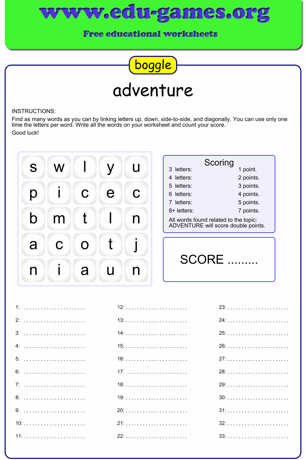 Free Printable Boggle Worksheets