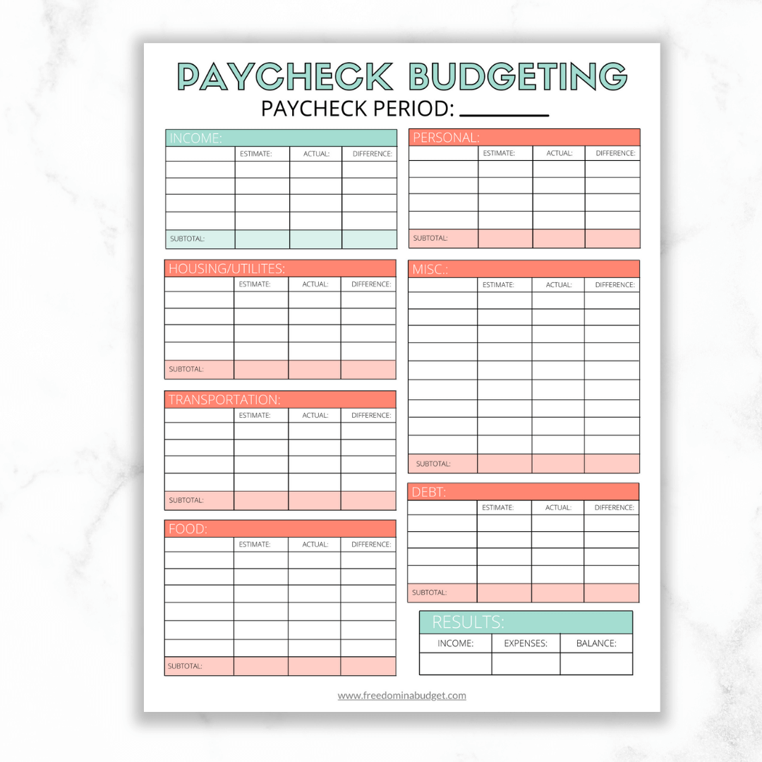 Free Printable Paycheck Budget Worksheet