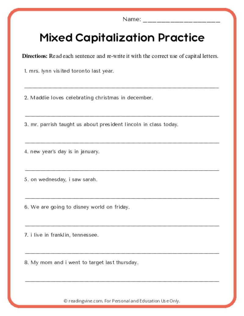 Free Printable Capitalization Worksheets Free Printable Capitalization Worksheets
