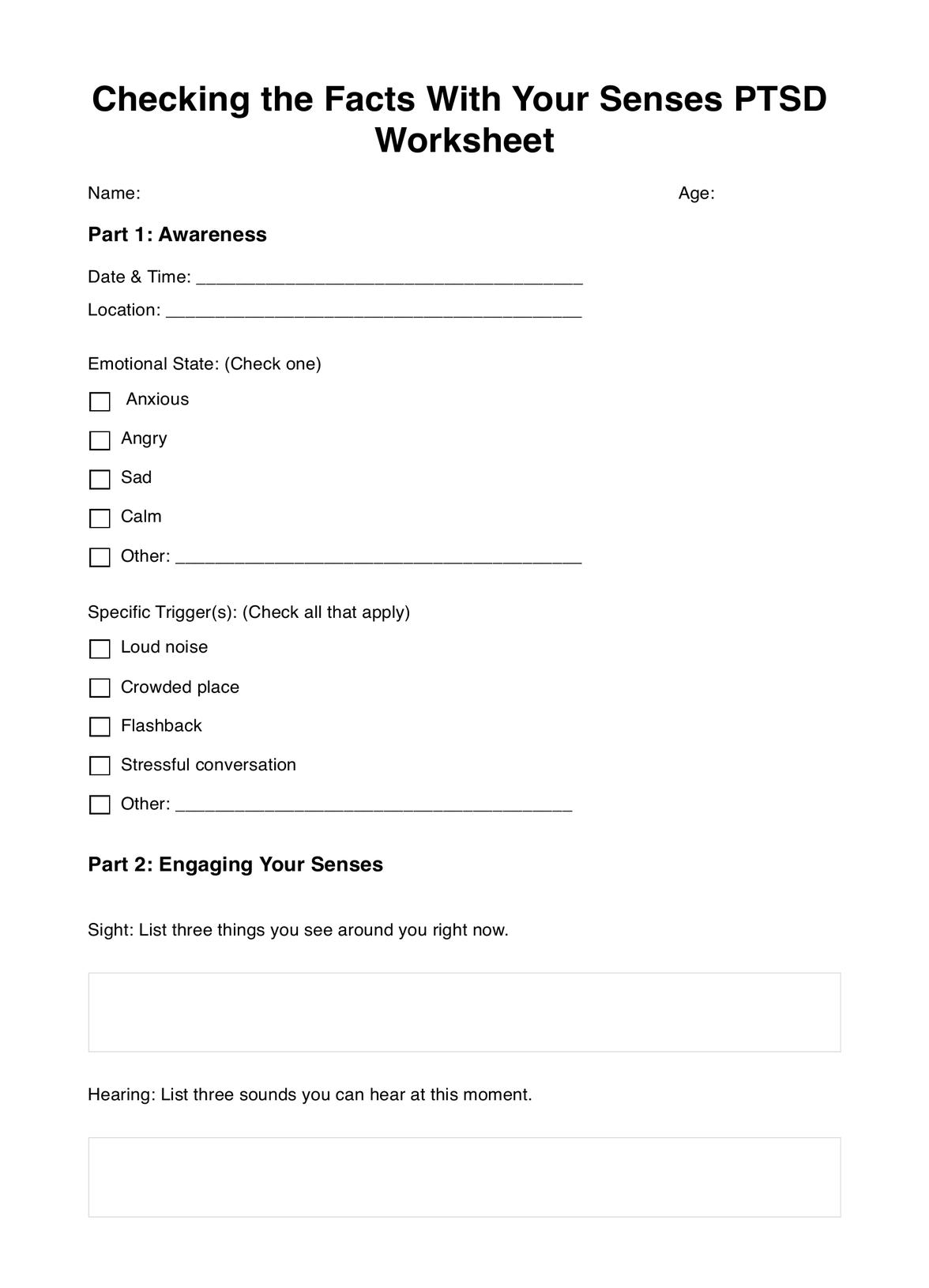 Checking The Facts With Your Senses PTSD Worksheet U0026 Example 