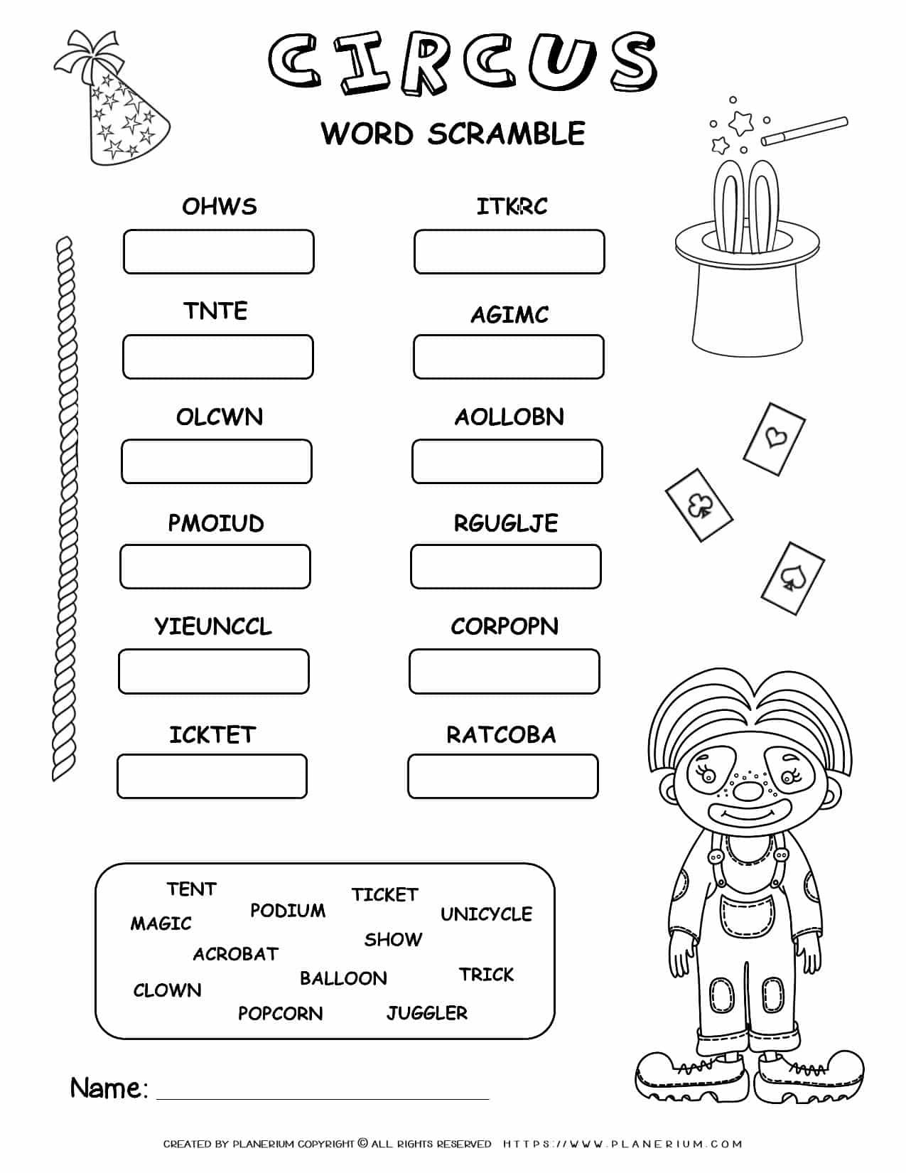 Circus Worksheet Word Scramble Planerium