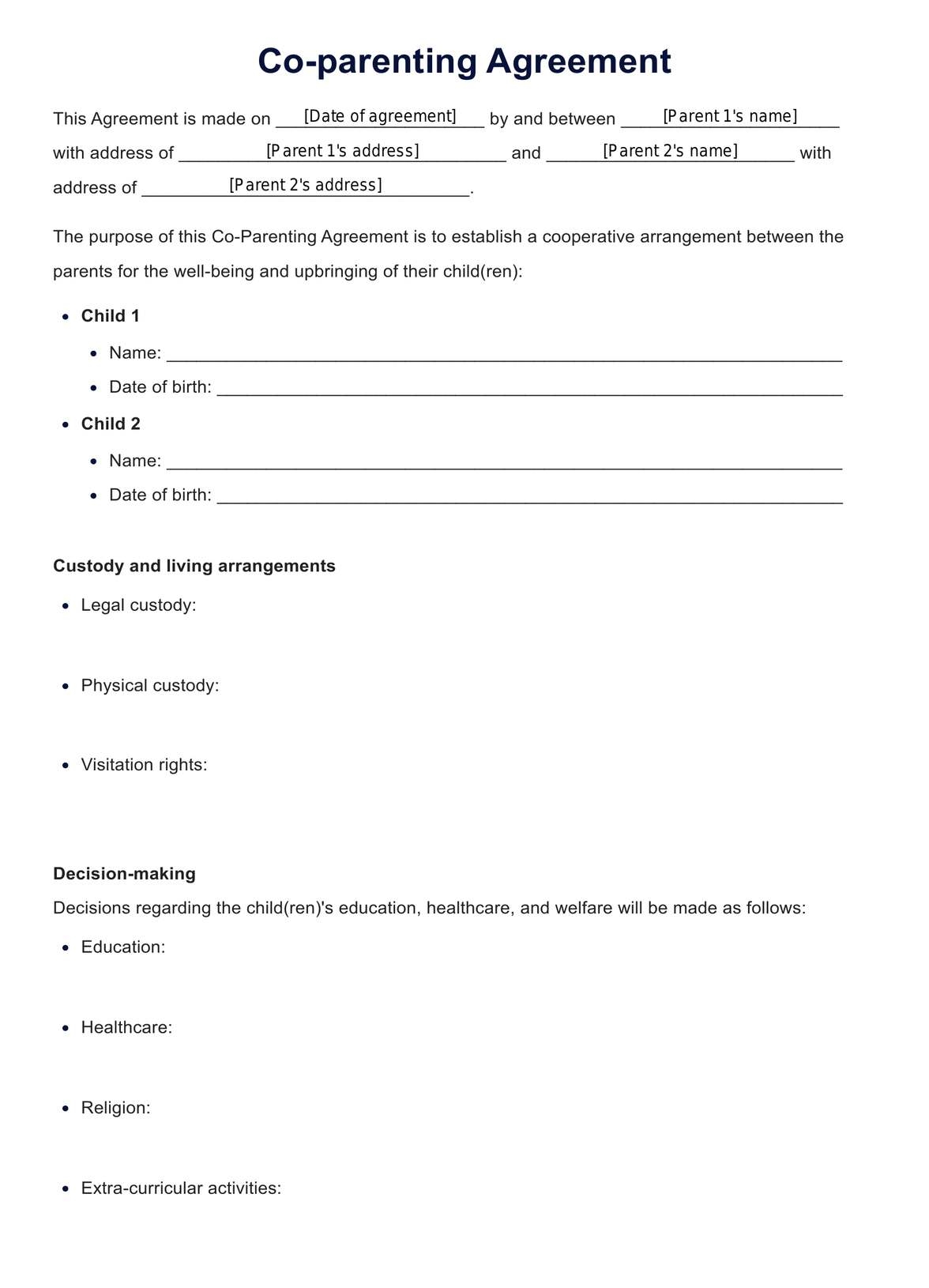 Co Parenting Agreement Templates U0026 Example Free PDF Download