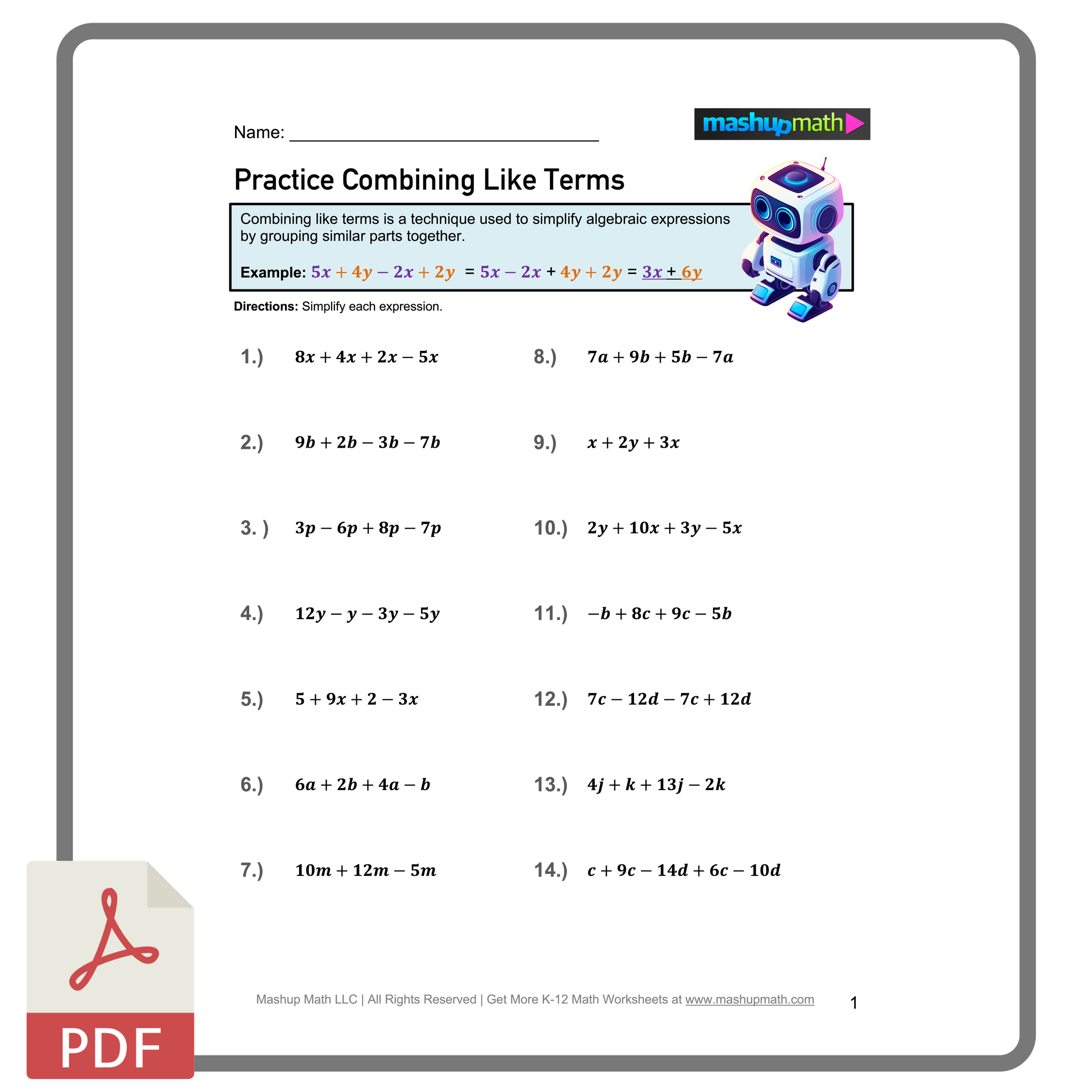 Free Printable Combining Like Terms Worksheets