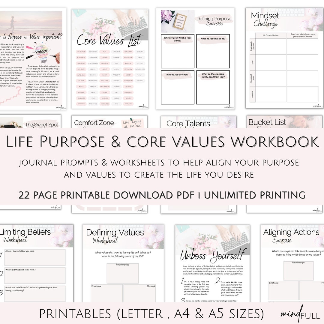 Core Values Worksheets Core Values List Values Clairfication Self Love Journal Self Development Worksheets Etsy