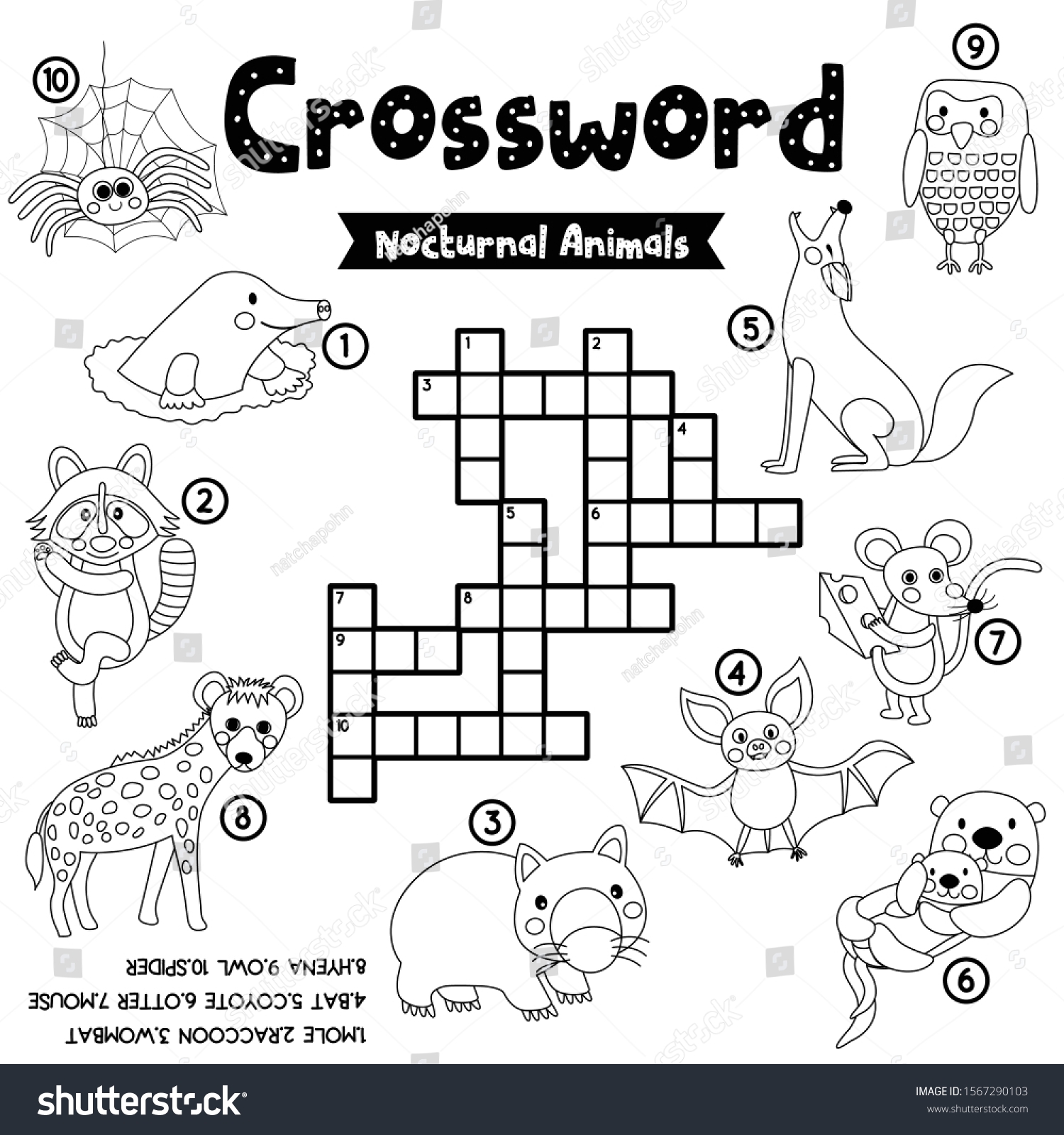 Crosswords Puzzle Game Nocturnal Animals Preschool Stock Vector 