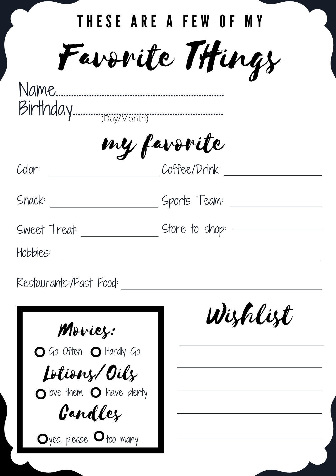 Free Printable My Favorite Things Worksheet