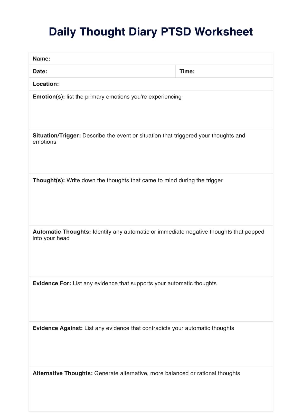 Daily Thought Diary PTSD Worksheet U0026 Example Free PDF Download
