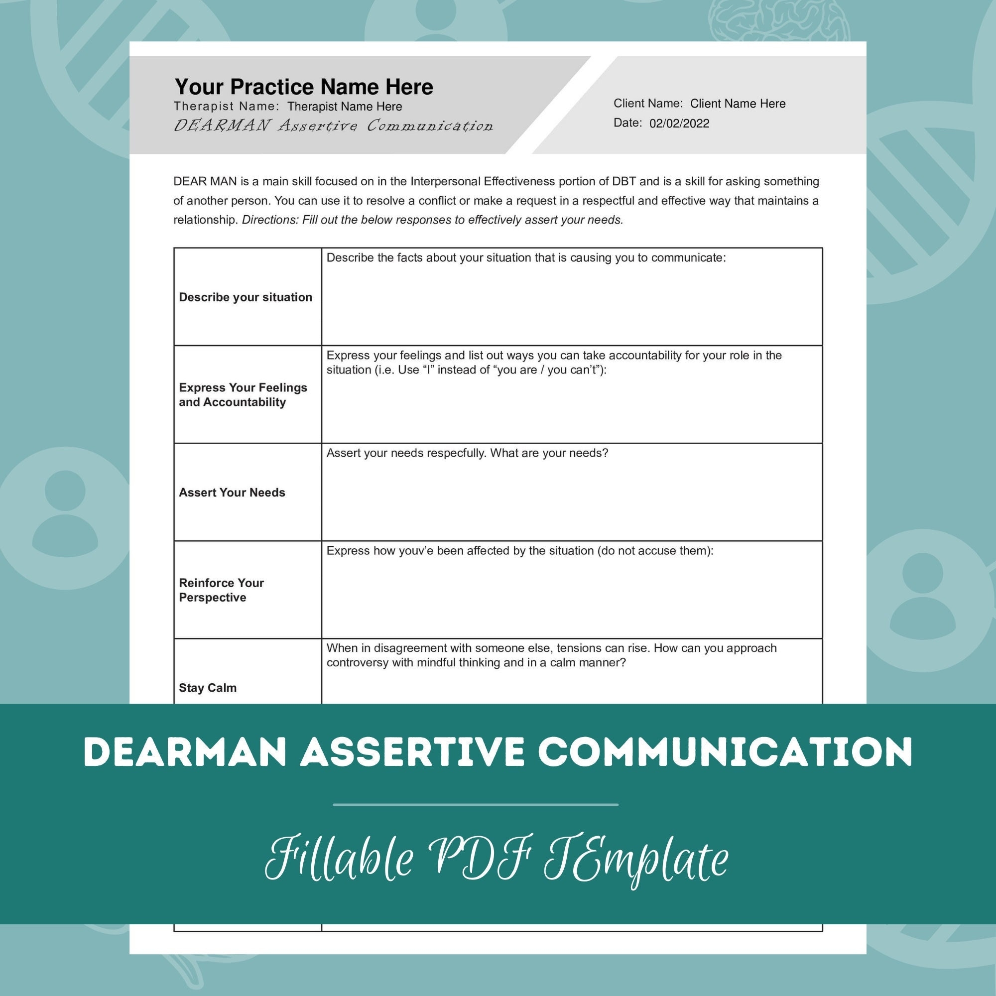 DEARMAN Assertive Communication Worksheet Editable Fillable PDF Template For Counselors Psychologists Social Workers Therapists