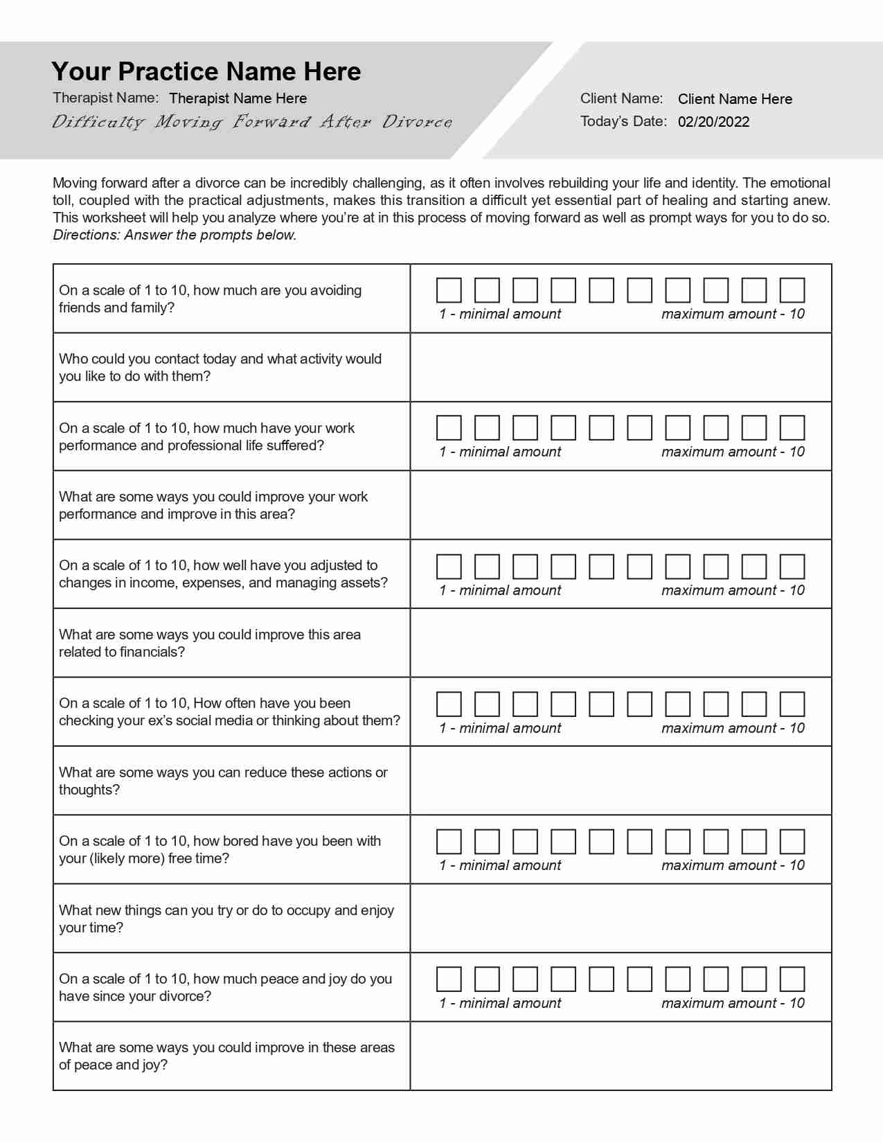 Difficulty Moving Forward From A Divorce Worksheet PDF 