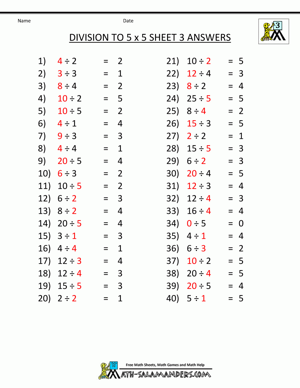 Division Facts Worksheets