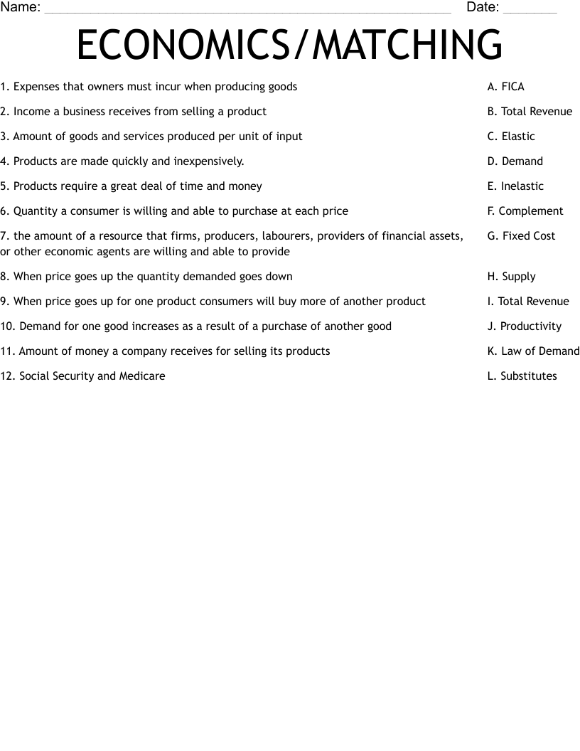 ECONOMICS MATCHING Worksheet WordMint