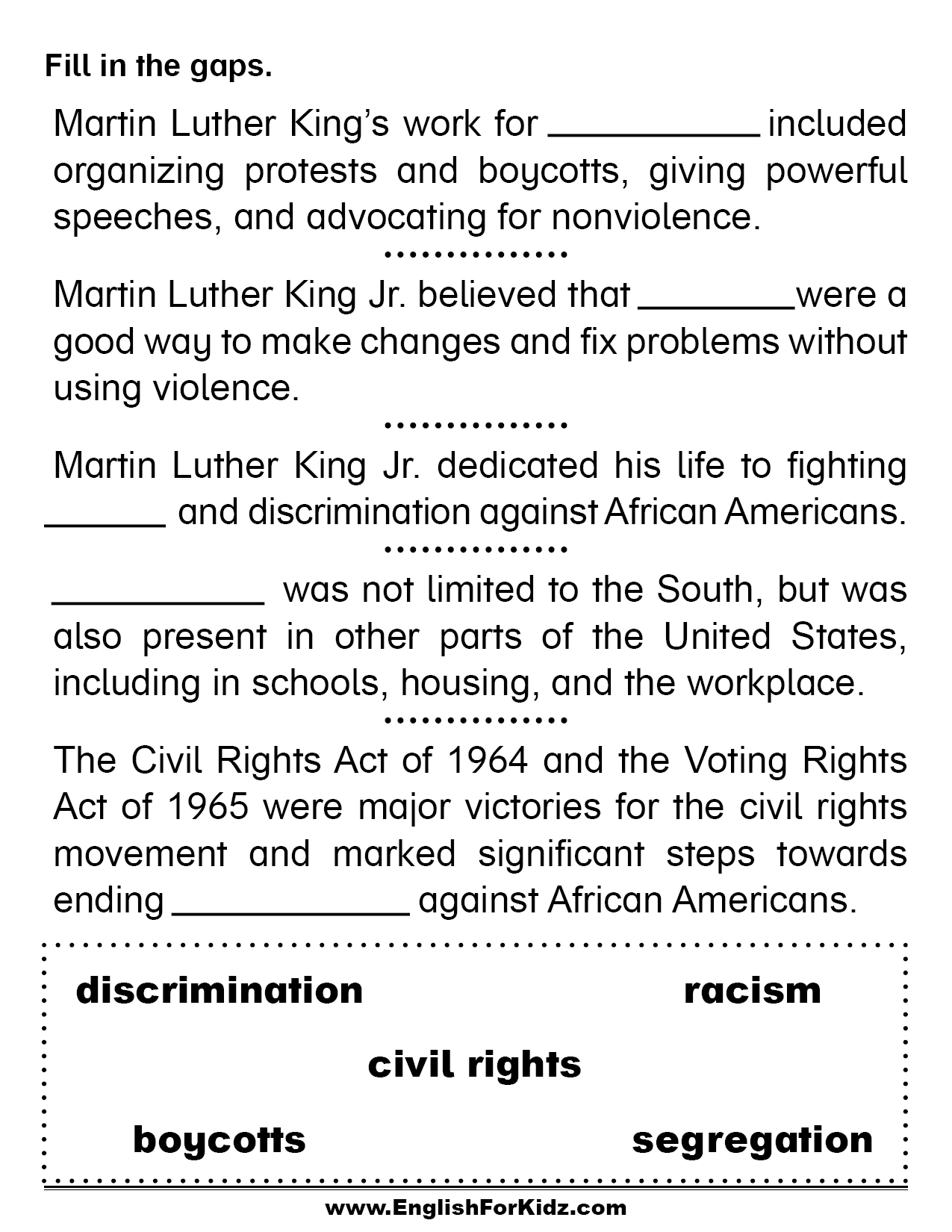 Martin Luther King Worksheets Free Printable