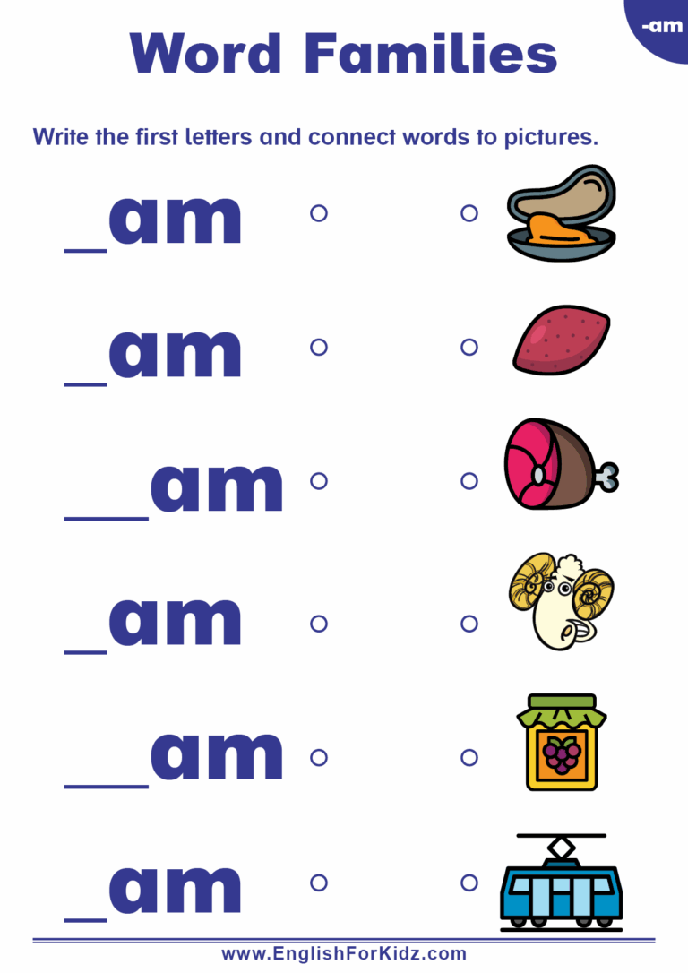 English For Kids Step By Step Word Families Worksheets Am Words