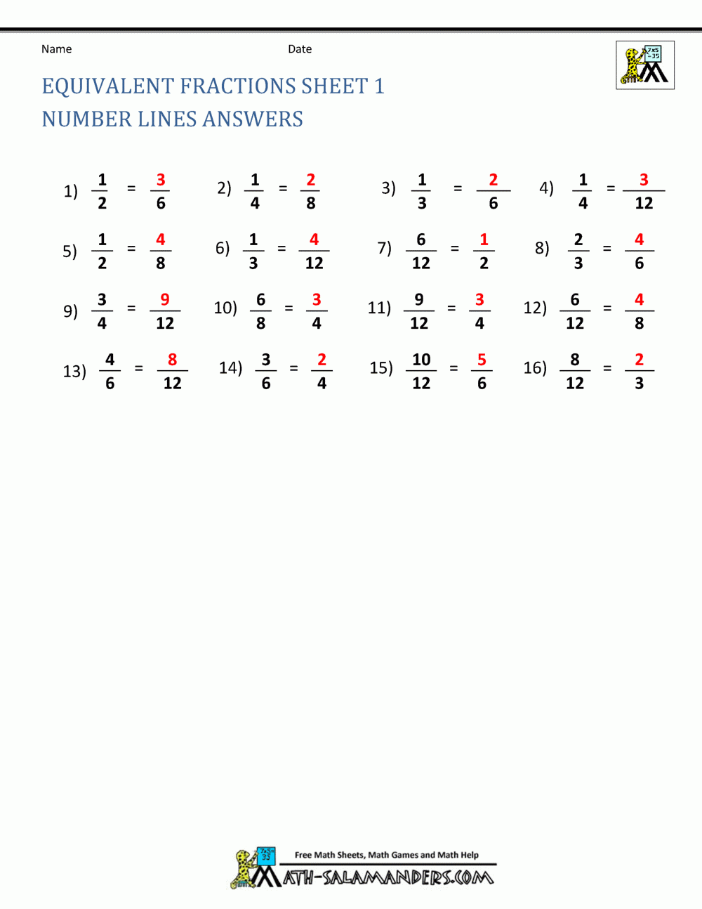 Equivalent Fractions Worksheet