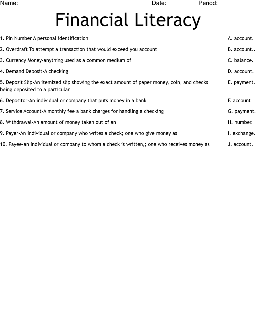 Financial Literacy Worksheet WordMint