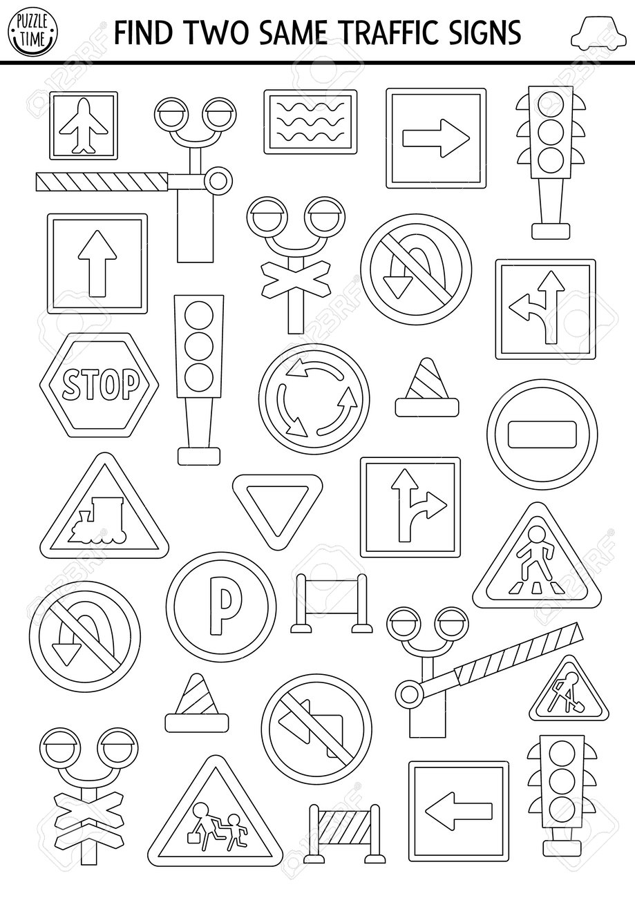 Find Two Same Road Signs Transportation Black And White Matching 