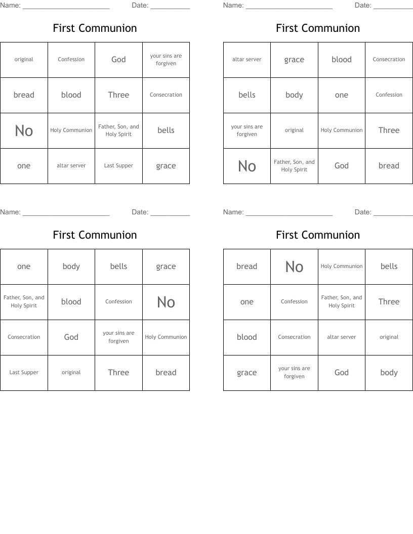 First Communion Bingo Cards WordMint