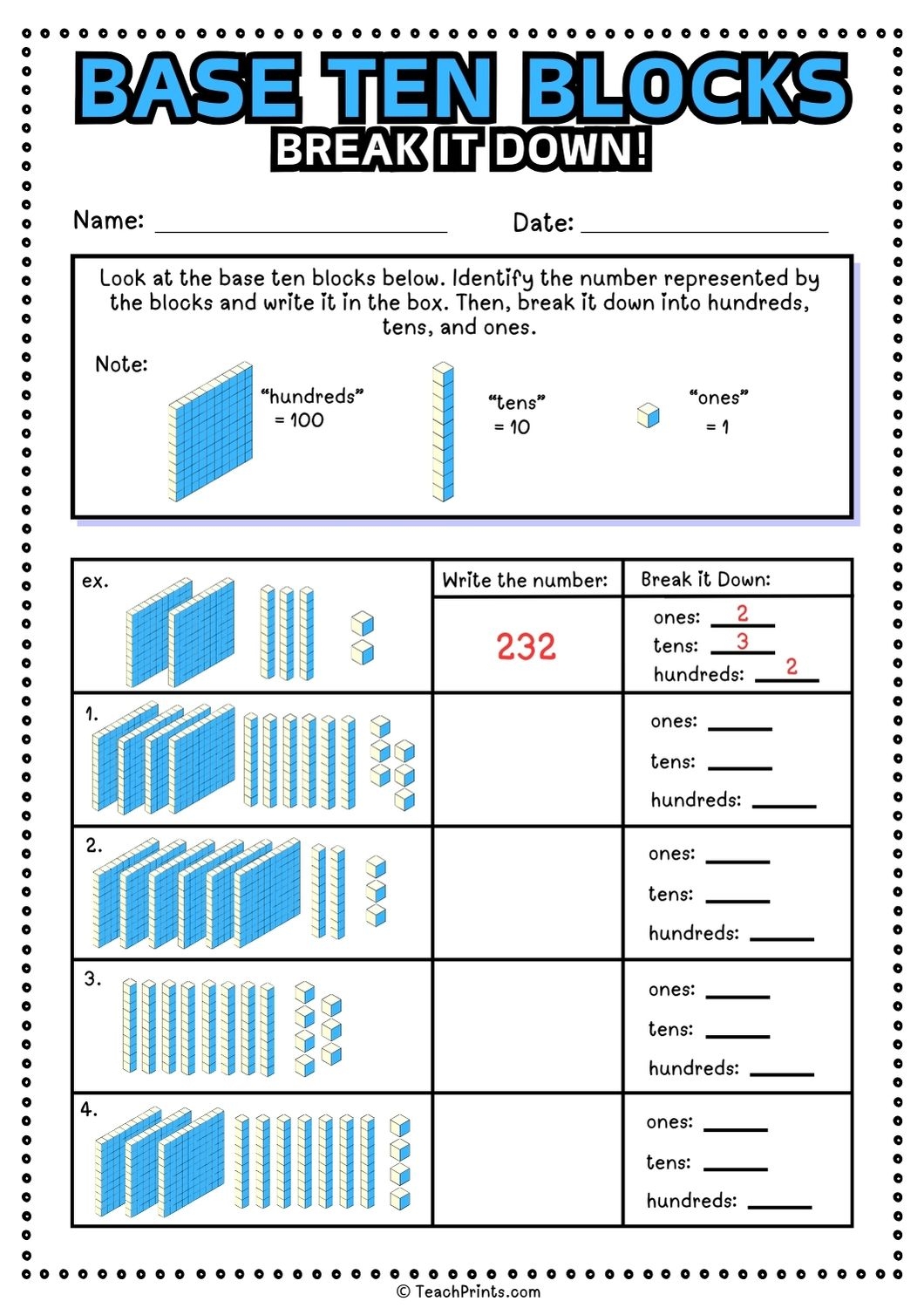Free Printable Base Ten Blocks Worksheets