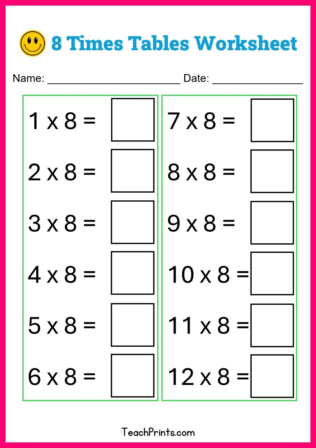 Free Eight Times Tables Worksheets 8 Versions Teach Prints