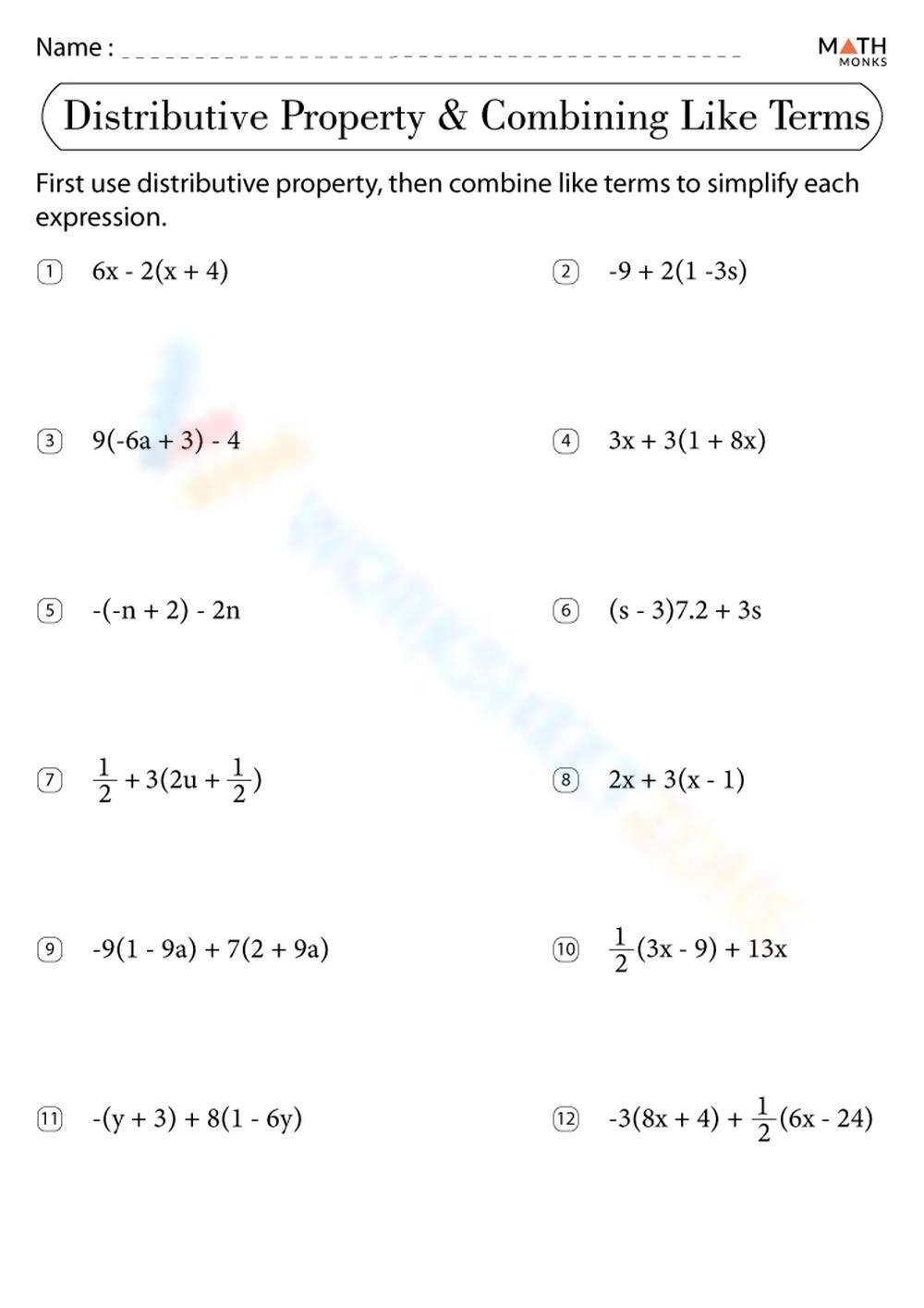 Free Printable Combining Like Terms Worksheets For Students 