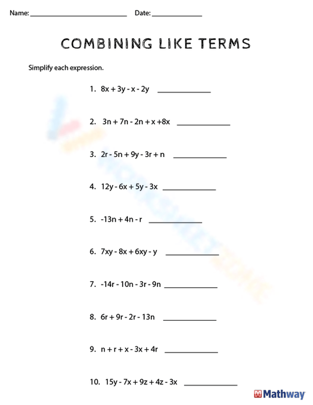 Free Printable Combining Like Terms Worksheets For Students 