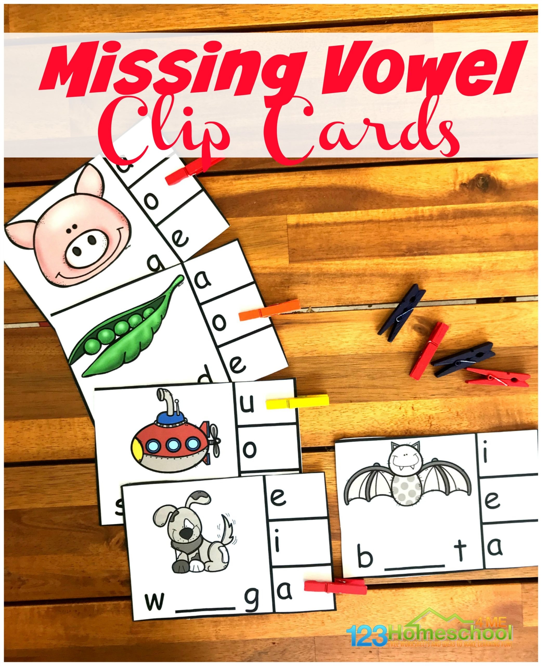 FREE Printable Missing Vowels Clip Cards Activity For Kindergarten