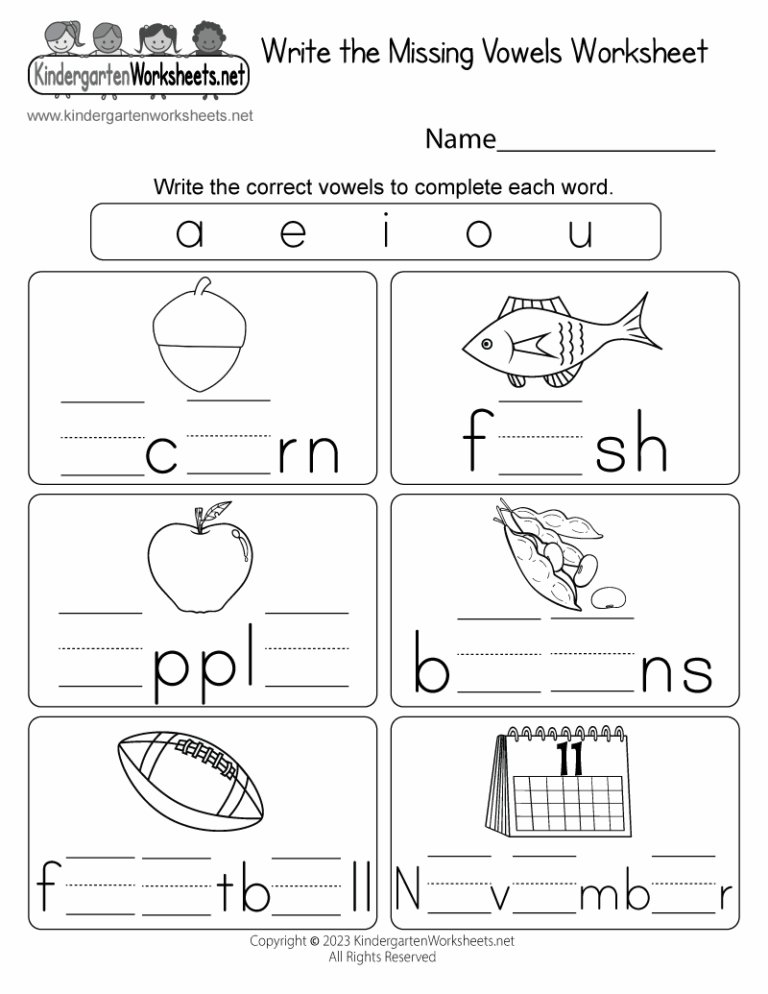 Free Printable Write The Missing Vowels Worksheet