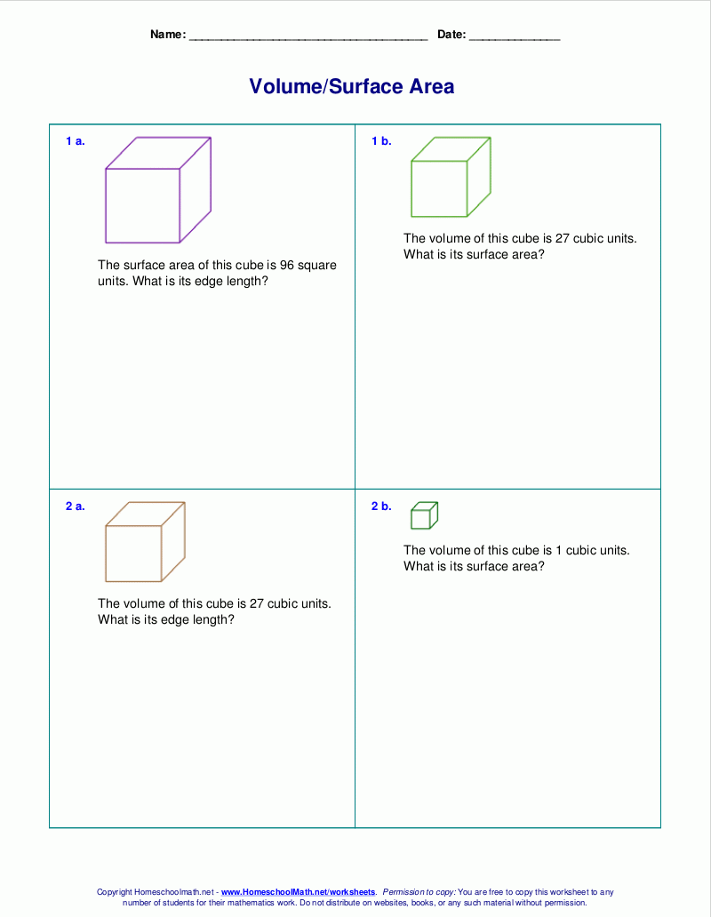 Free Worksheets For The Volume And Surface Area Of Cubes 