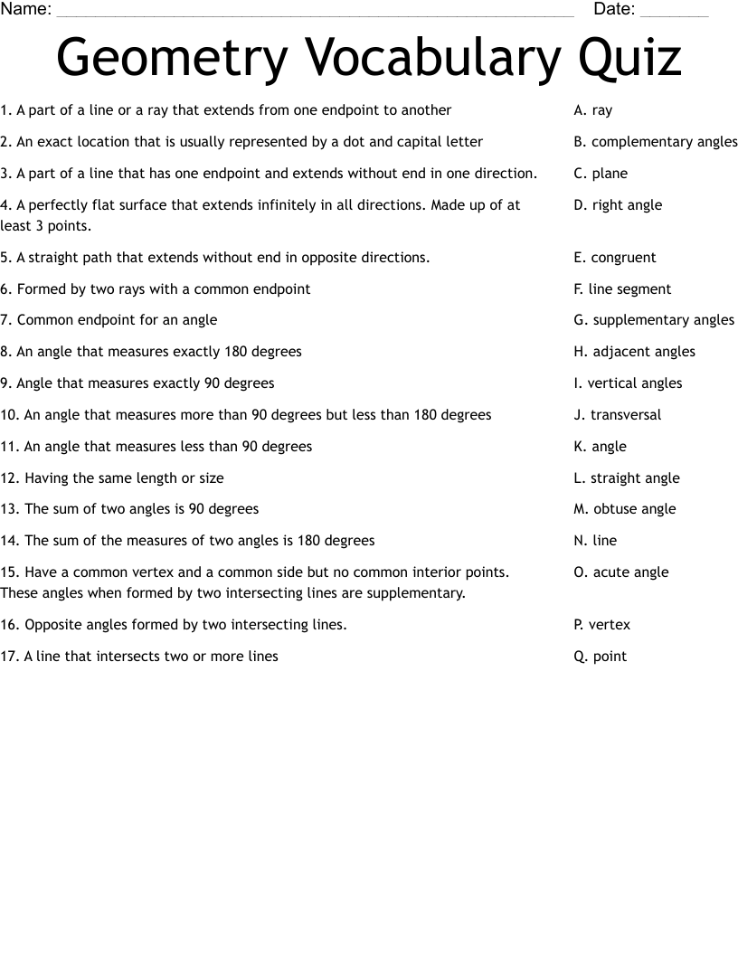 Geometry Vocabulary Quiz Worksheet WordMint