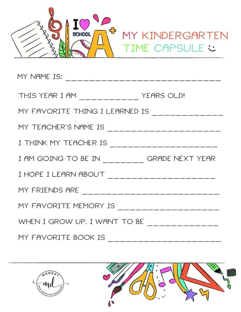 Kindergarten Time Capsule FREE PRINTABLE Momdot Worksheets