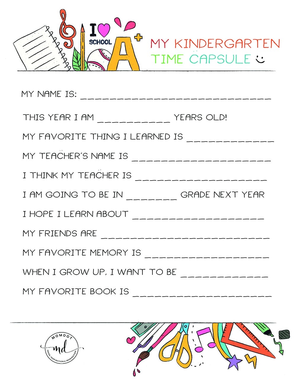Kindergarten Time Capsule FREE PRINTABLE Momdot Worksheets