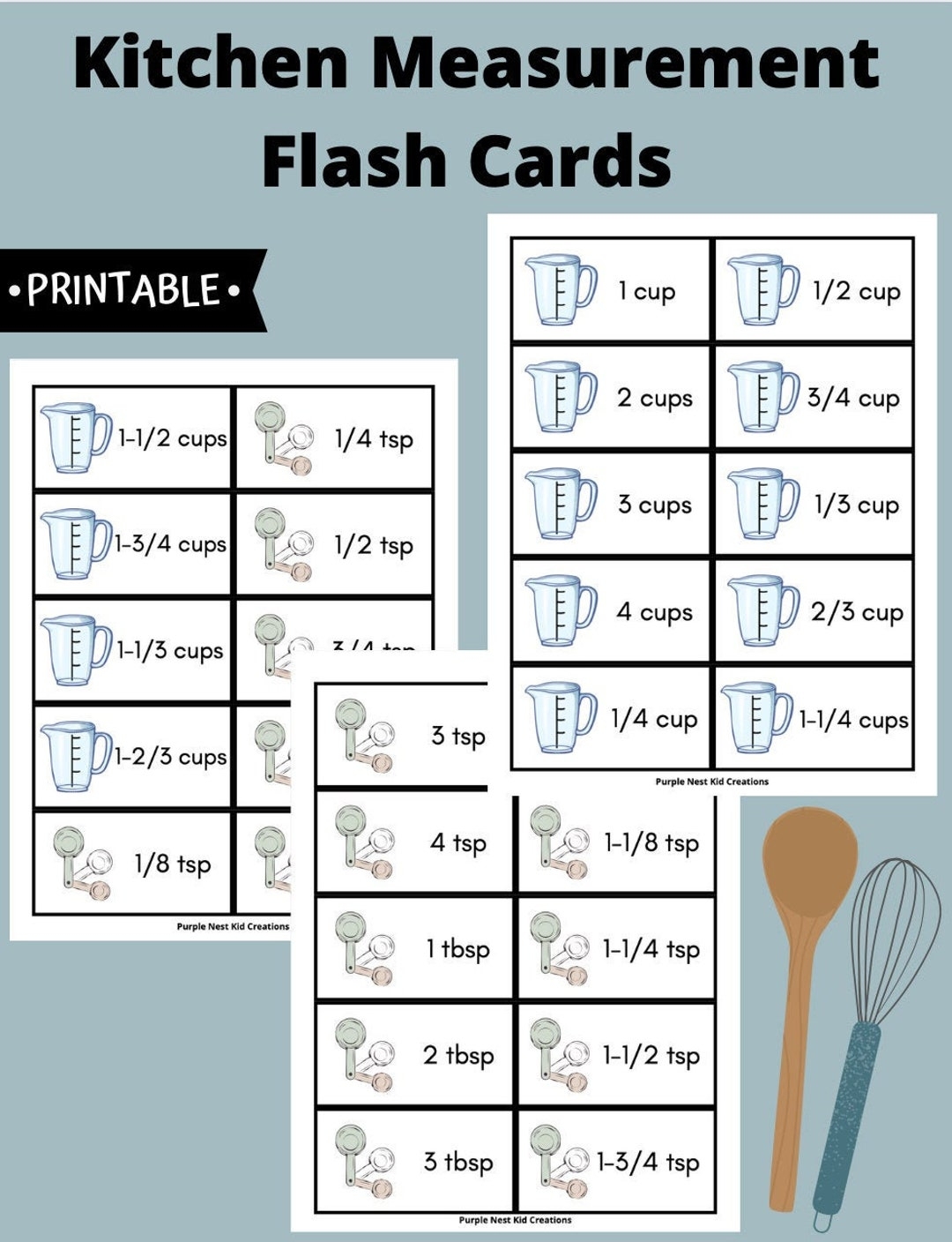 Kitchen Measurement Flash Cards Printable Cards Kitchen Tools Measuring Baking Cooking Printable Preschool Kindergarten Homeschool Etsy