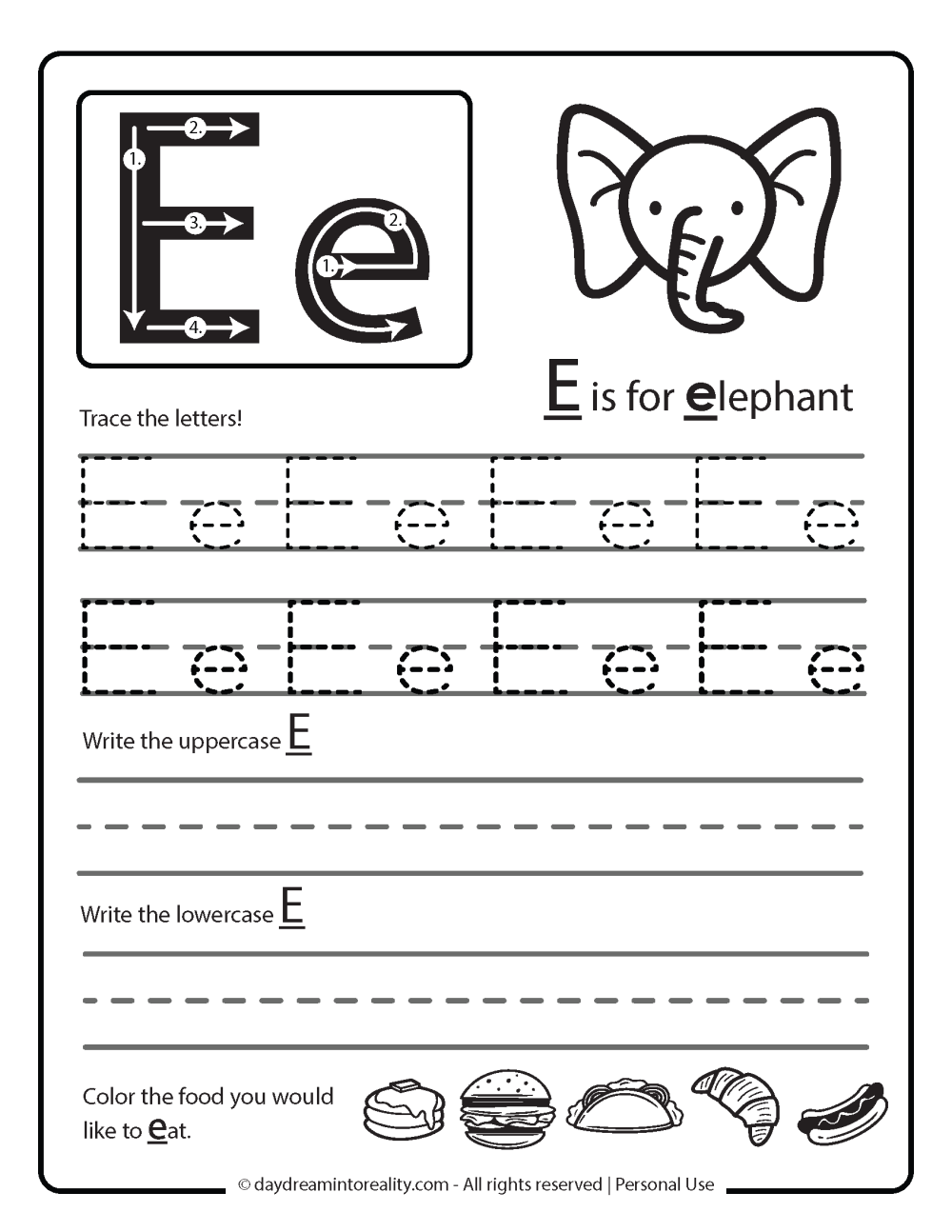 Free Printable Letter E Worksheet