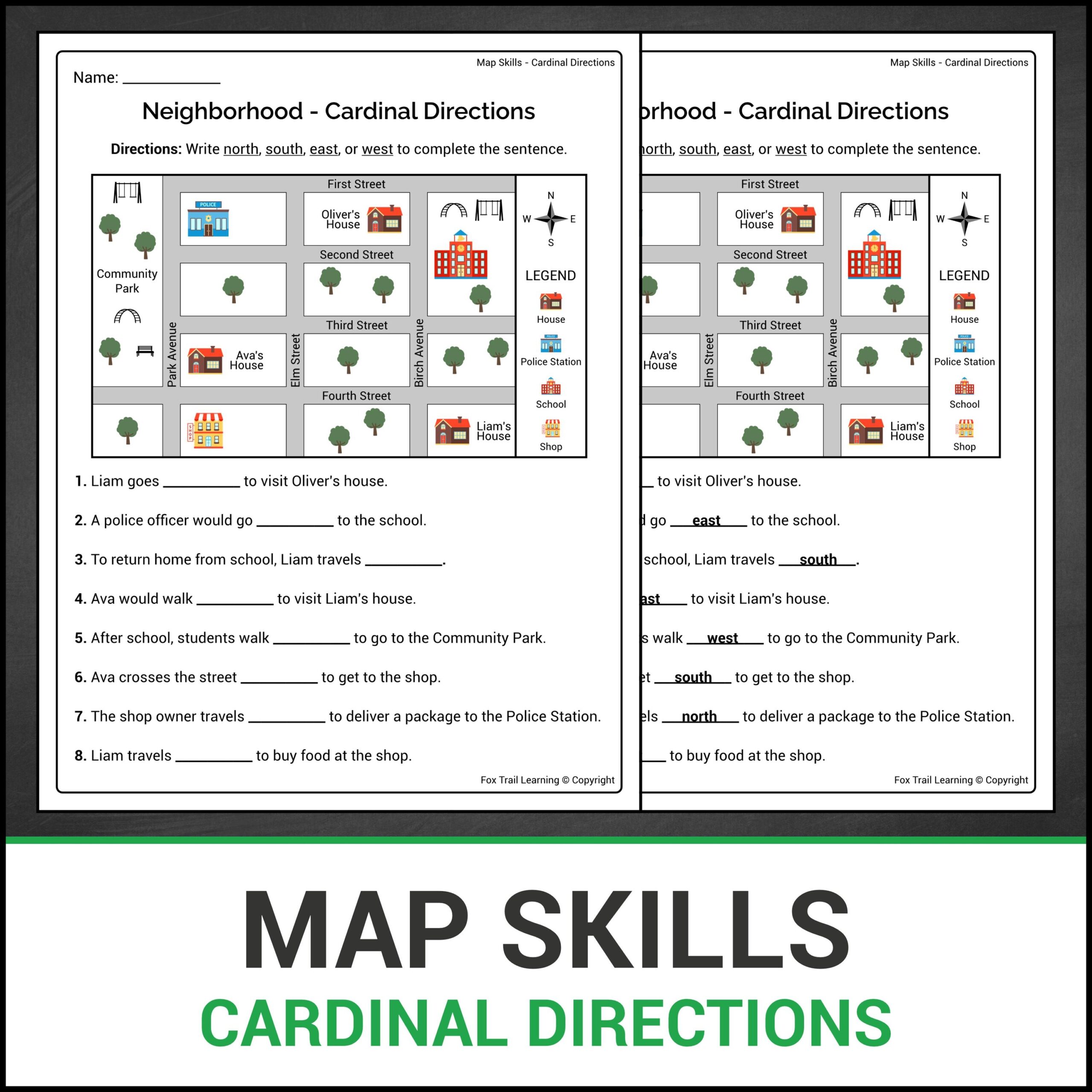 Map Skills Neighborhood Cardinal Directions Fill In The Blank Geography Lesson No Prep Worksheets Etsy