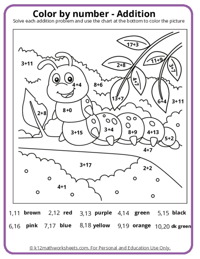 Free Printable Color By Addition Worksheets