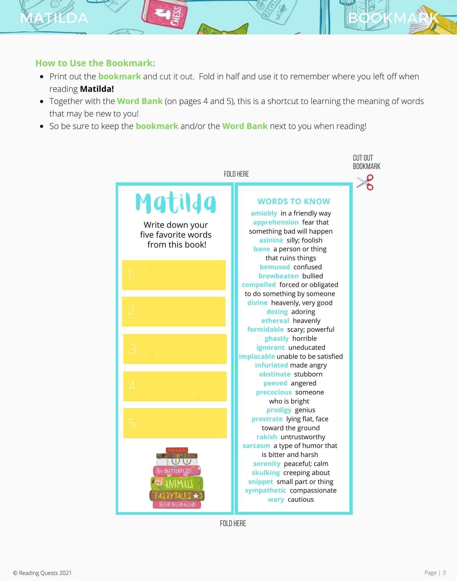 Matilda By Roald Dahl Free Printables Reading Quests