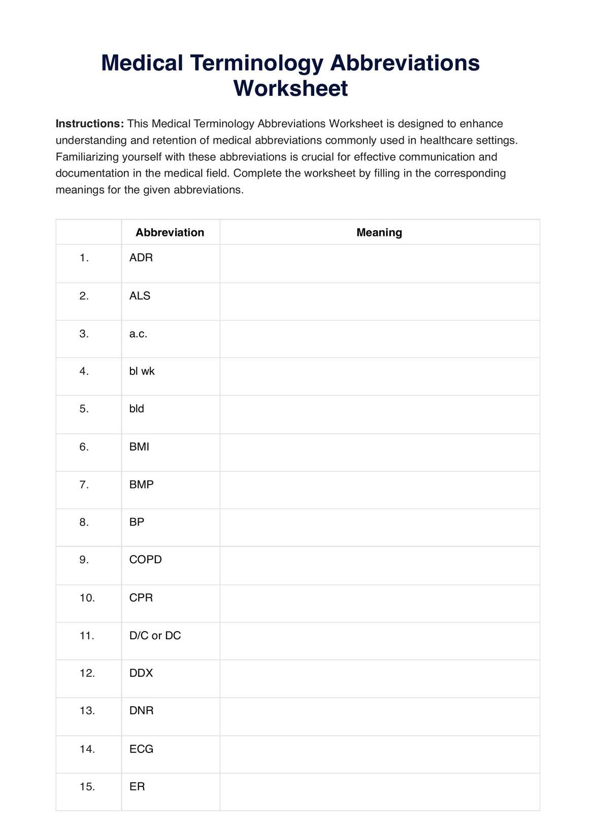 Free Printable Medical Terminology Worksheet